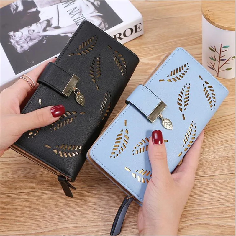 

PU Leather Female Wallet Female Purse Long Hollow Gold Wallet Leaves Purse For Coin Card Holder Clutch
