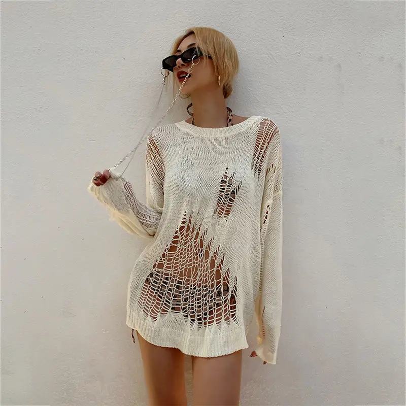 

Hikigawa Chic Fashion Women Streetwear Y2k Hollow Design Knitted Sweater Early Spring Casual Long Sleeve Thin Pullover Top Mujer