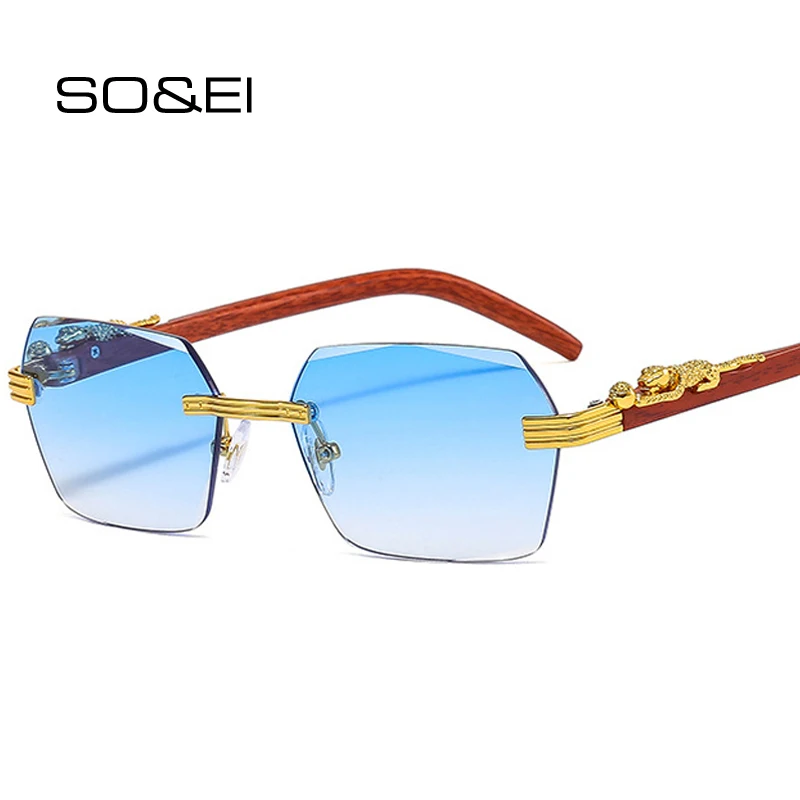 

SO&EI Fashion Rimless Clear Ocean Gradient Lens Women Brand Designer Polygon Square Metal Leopard Sunglasses Men Shades UV400