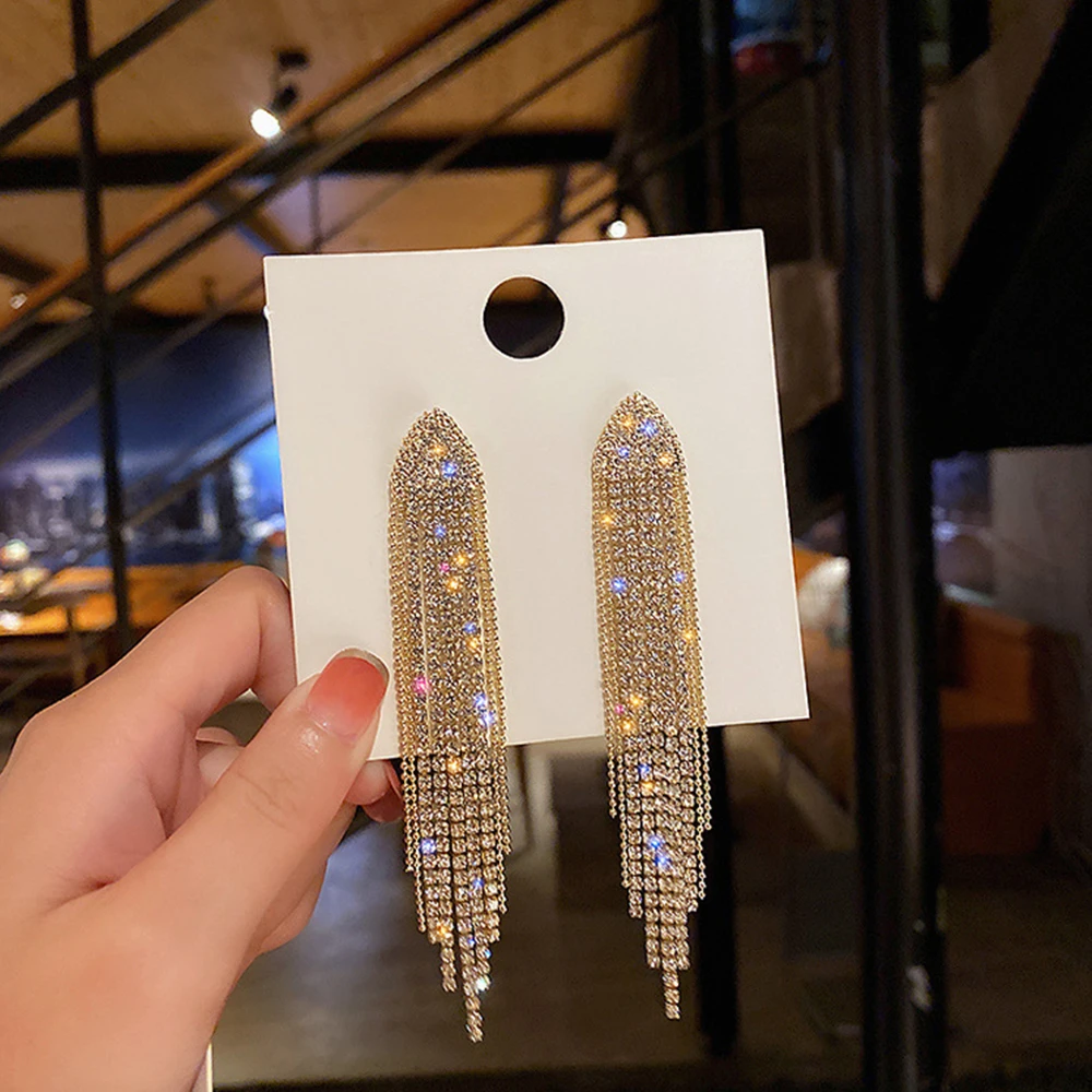 

Fashion Full Diamond Geometric Triangle Earrings Long Tassel Drop Earrings For Party And Household Cерьги Pendientes