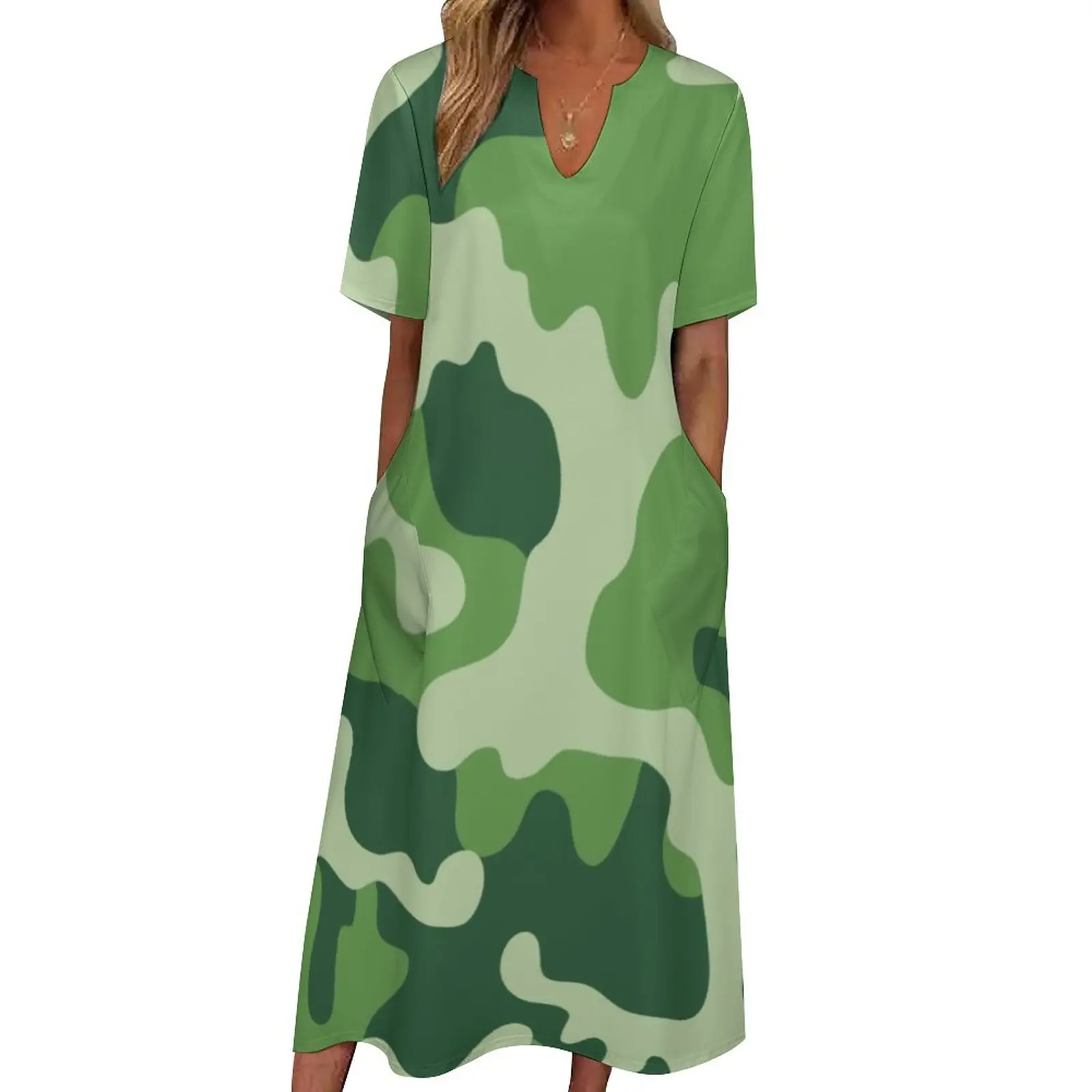 

Camouflage Militaire Dress Green Camo Print Elegant Maxi Dress Aesthetic Boho Beach Long Dresses Women V Neck Graphic Clothing