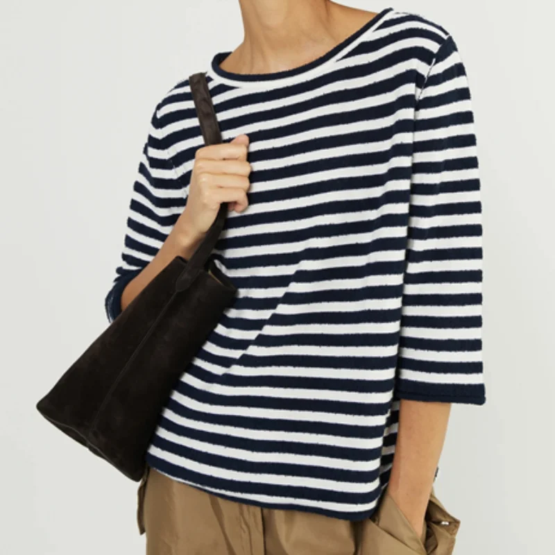 Early Autumn Blue and White Striped Silk Cashere Tops Cotton Pullover Striped Three-quarter Sleeve Knitted Sweater Women