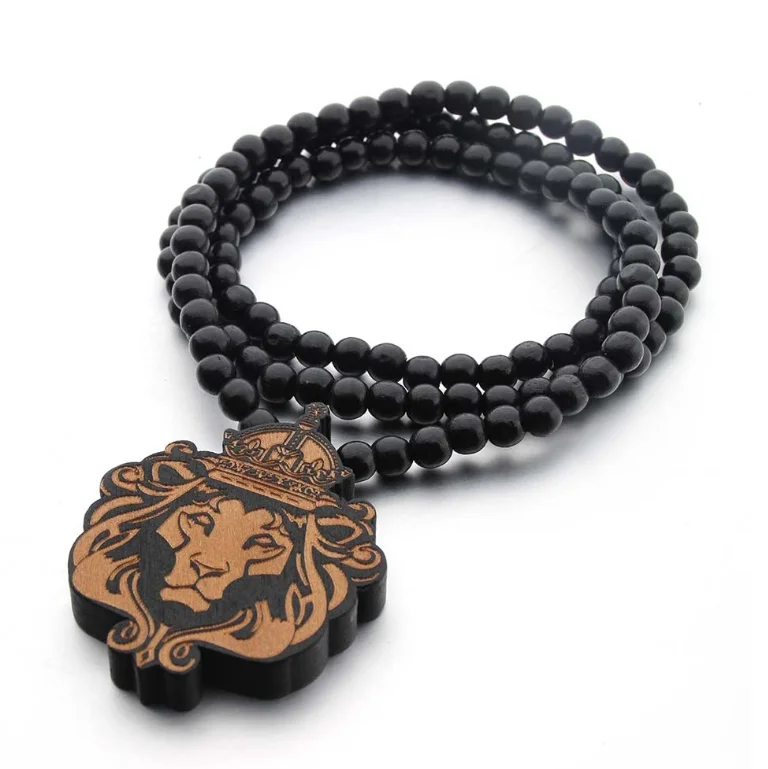 

Domineering Lion Necklace Fashion Men's Jewelry Simple Design 128 Beads Wooden Lion Necklace Creative Sweater Accessories