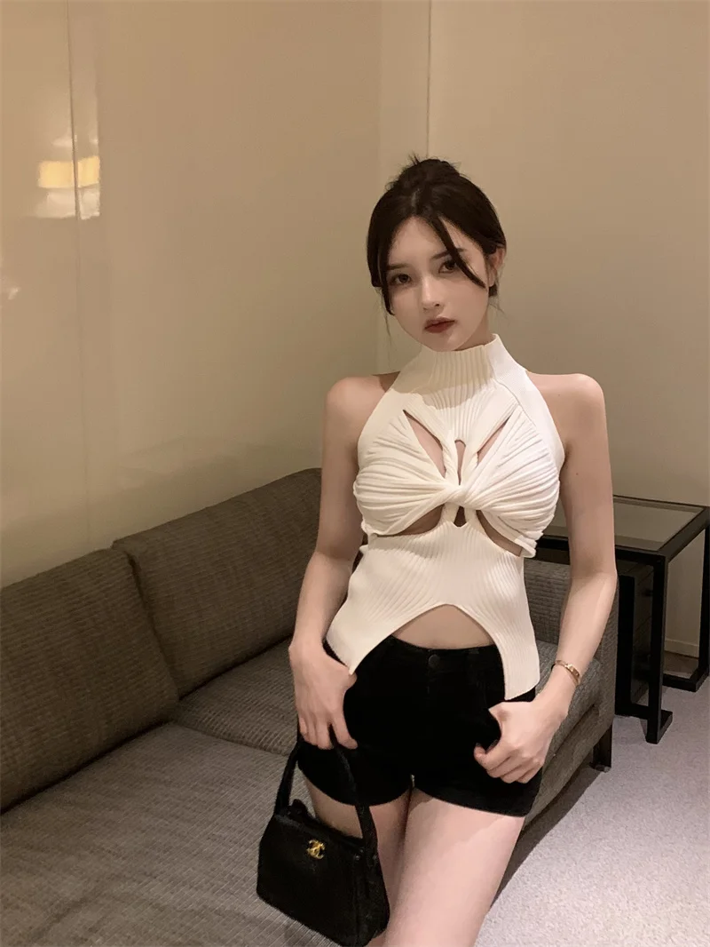 

Cut Hollow Out Knit Bustier Tank Vest High Neck Turtleneck Top Women y2k tshirts sexy woman cloth summer aesthetic fairy grunge