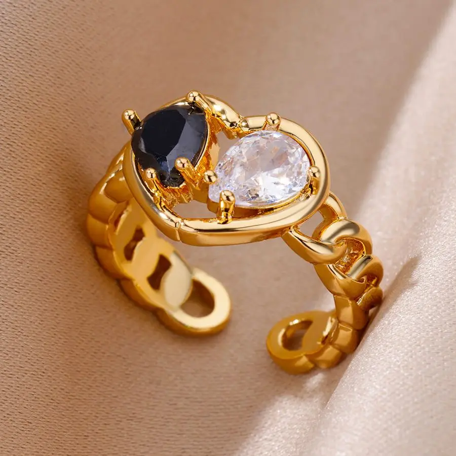 

Black White Zircon Heart Rings for Women Gold Color Stainless Steel Chain Ring Vintage Aesthetic Wedding Jewelry anillos mujer