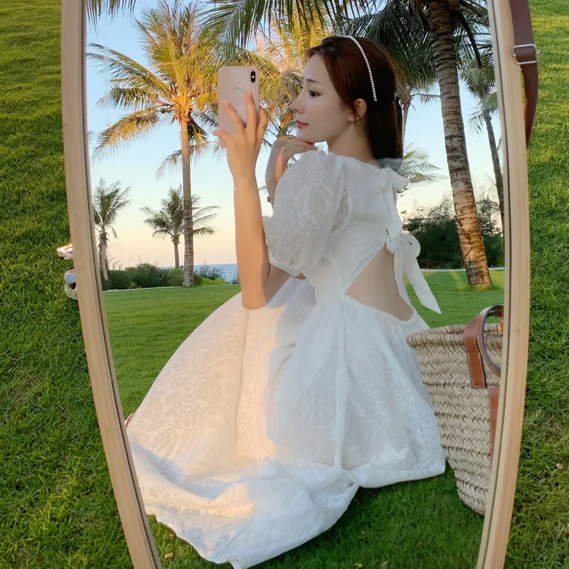 

New Princess Skirt Bubble Sleeve White Dress Slim Temperament French Sweet Skirt Summer Women Sleeveless Party Elegant Backless