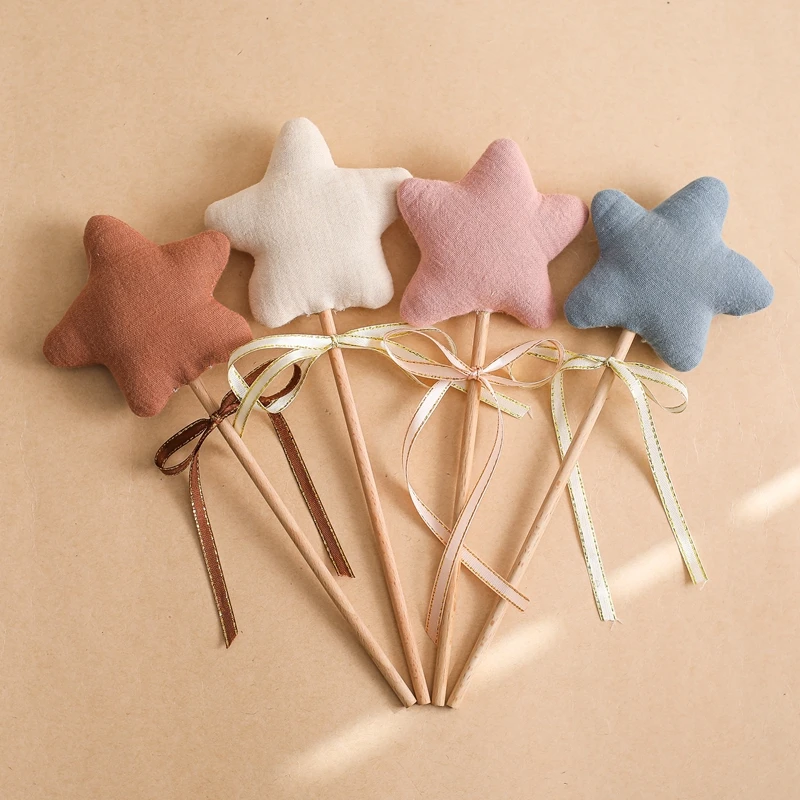 Wooden Baby Star Magic Wand Music Rattle Toys Pure Cotton Gauze Rattle Babies Party Decoration Birthday Photography Accessories