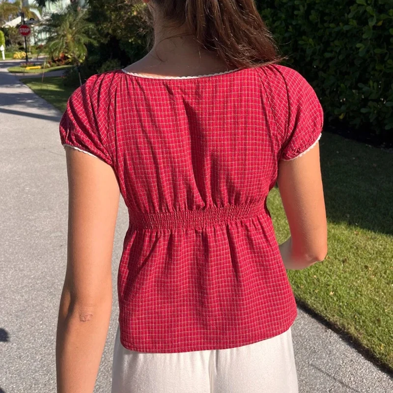 Женская милая футболка винтажная с квадратным воротником и короткими рукавами