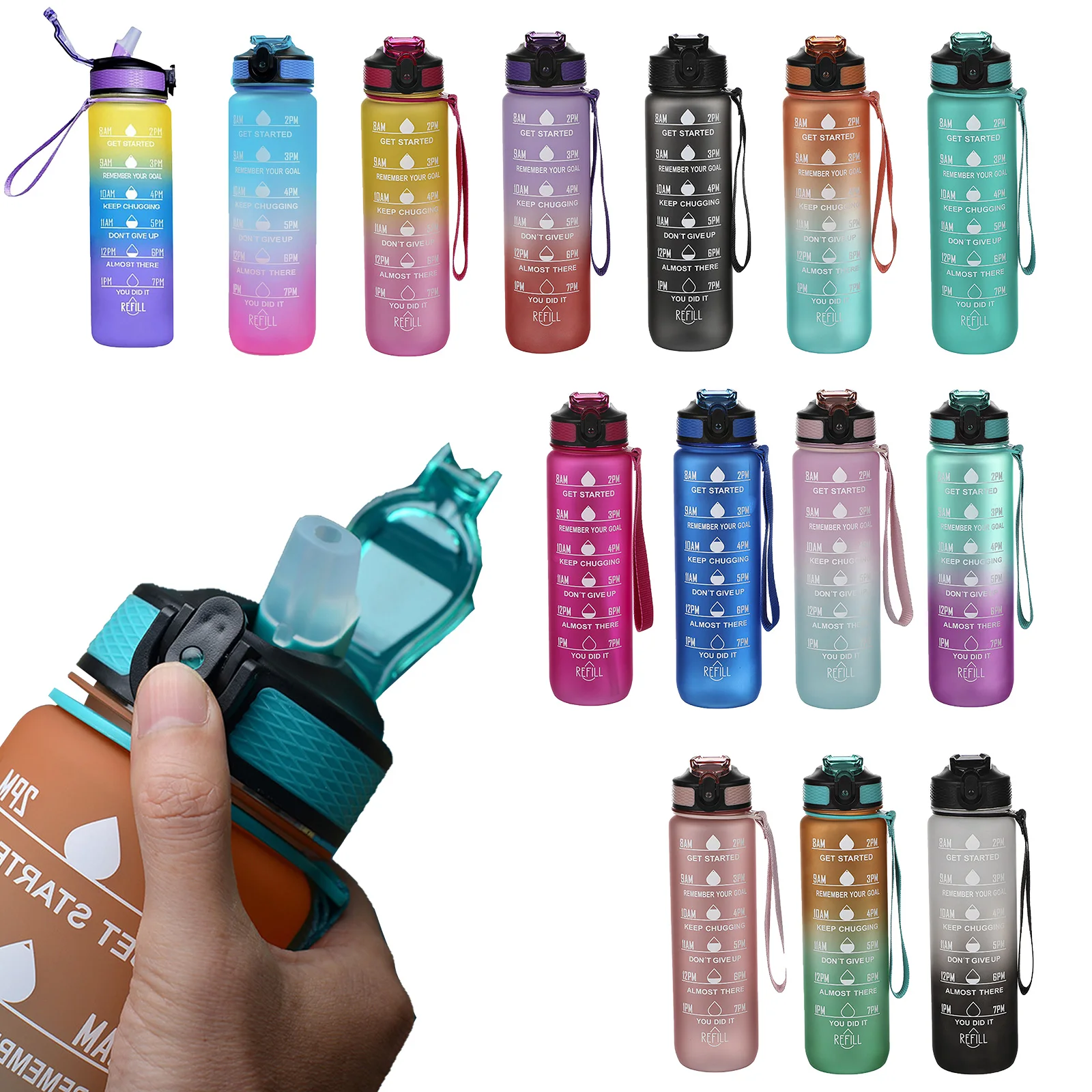 

1 Liter Water Bottle With Time Scale Fitness Outdoor Sports Water Bottles With Straw Frosted Leakproof Motivational Sport Cups