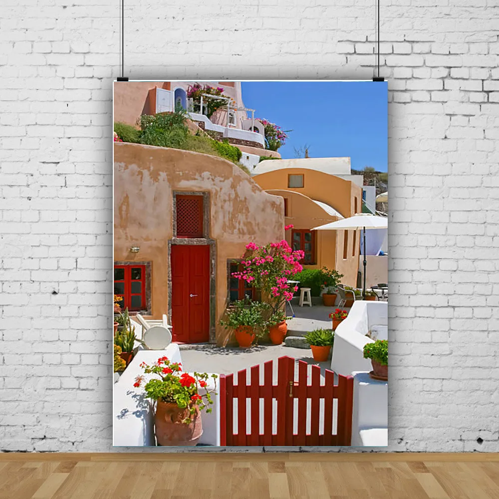 

Santorini Greek Aegean Sea Holiday Party Decoration Bay Town Architecture Flowers Stairs Photography Background XC-01