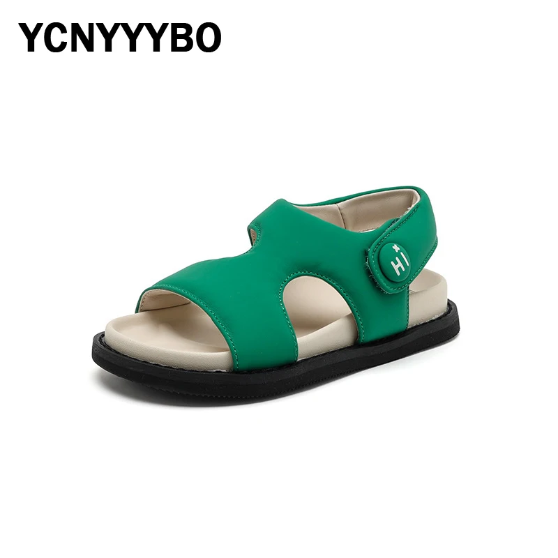 

Летние новые детские пляжные сандалии, повседневные сандалии для маленьких девочек, детские зеленые кожаные туфли, модные сланцы для мальчиков, спортивные школьные туфли на плоской подошве