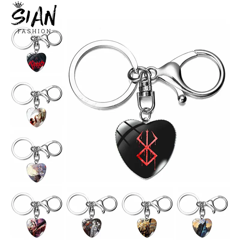 

Anime BERSERK Keyring The Mad Warrior of Norse Viking Mythology Pattern Heart Keychain Glass Dome Keyrings Accessorires Fan Gift