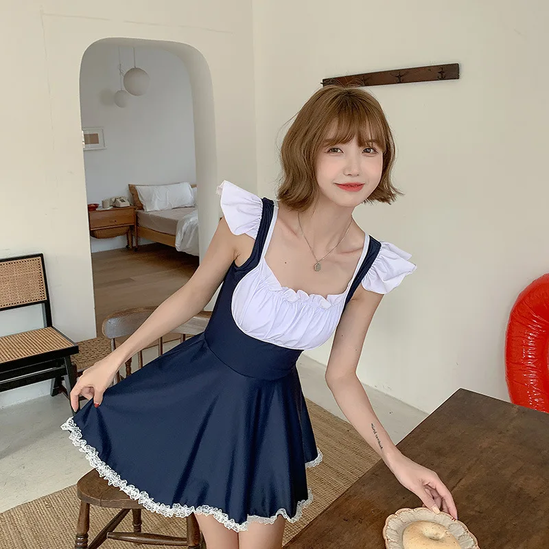 Фото JK Girls Maid Style Лолита цельный купальный купальник платье женские летние милые рюши без рукавов с открытой спиной купальники костюмы №3