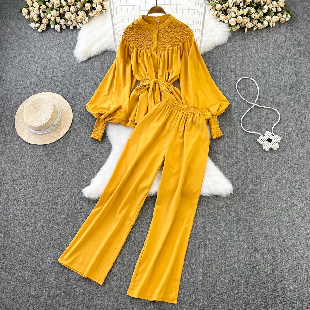

Fashion Suit Women's Round Neck Lantern Sleeve Single Breasted Loose Shirt + Casual High Waist Drop Feeling Wide Leg Pants Two P
