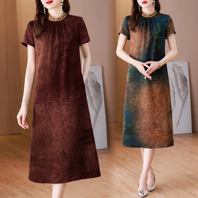 

Fragrant gauze silk dress female 2023 new summer senior mother dress new Chinese style long skirt