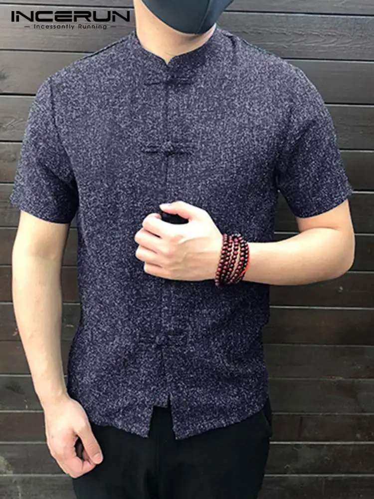 

INCERUN Chinese Style Men Shirt Stand Collar Short Sleeve Button Casual Loose Tops Solid Color Vintage Tang Suit Shirts Men 2022