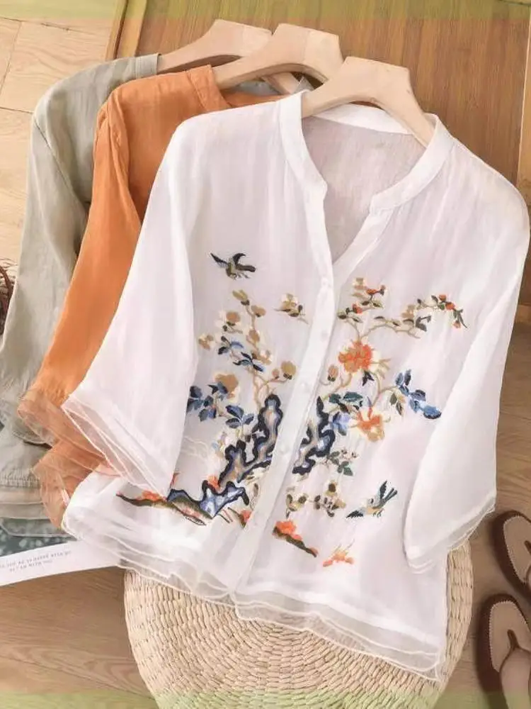 Топ из хлопка и льна для женщин Новинка лета 2023 кардиган с вышивкой рубашка новая