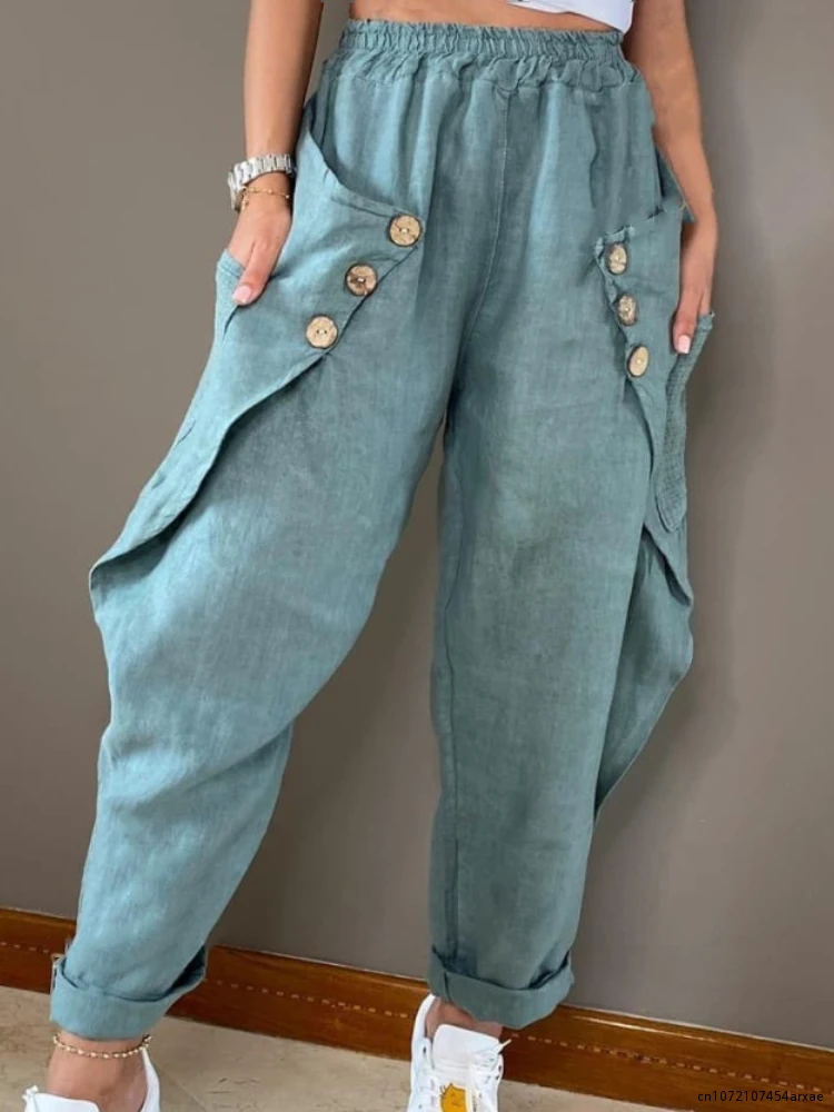 2023 New Cotton and Linen Trousers In Spring Summer Women's Waist National Style Retro Pocket Harem Trousers Joggers Women Pants