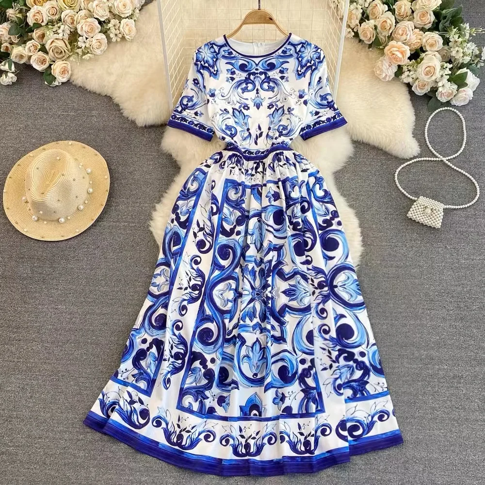 

Runway Vintage Spring Summer Blue And White Porcelain Print Long Dress Chic Women Round Collar Short Sleeve Boho Holiday Dresses
