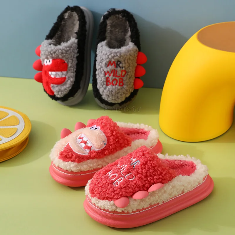 Autumn Winter Women's Home Slippers Cute Dinosaur Warm Plush Girls House Slippers Soft Non-Slip Thick Sole Slippers Indoor Child