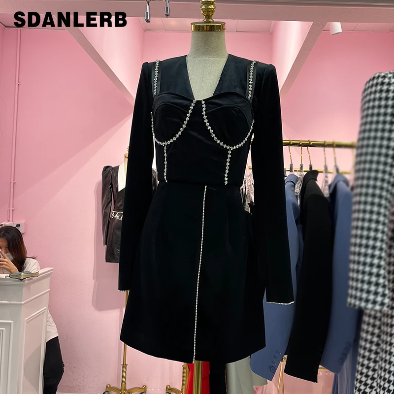 

French Style Temperament Elegant Vintage Velvet Rhinestone Dress Women's Autumn Clothing New Slim Base Black Midi Dress