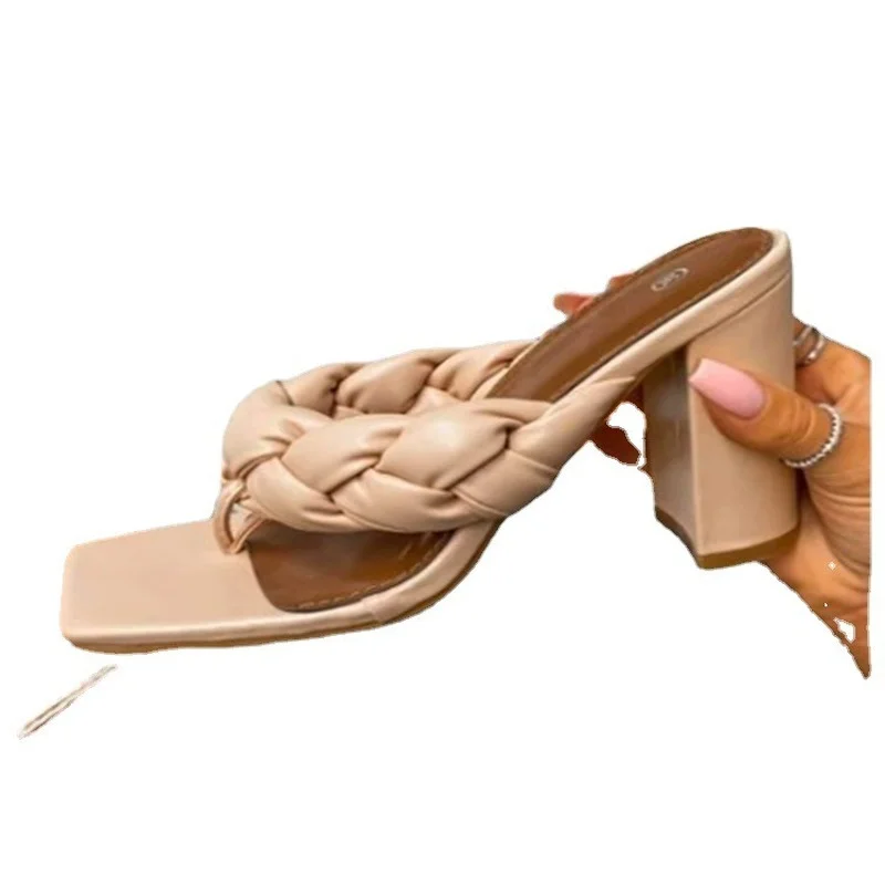 2022 Women Sandals Summer New Fashion Hand Woven Pu High Heel Sandals Comfortable and Sexy Shoes Women Big Size Slippers Female