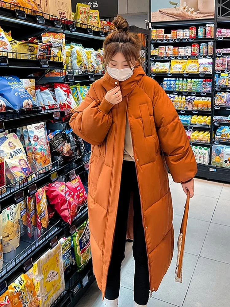 2022 Korean Jacket Women Winter X-long Parkas Solid Hooded Thicken Warm Female Snow Wear Coat Padded Loose Clothes