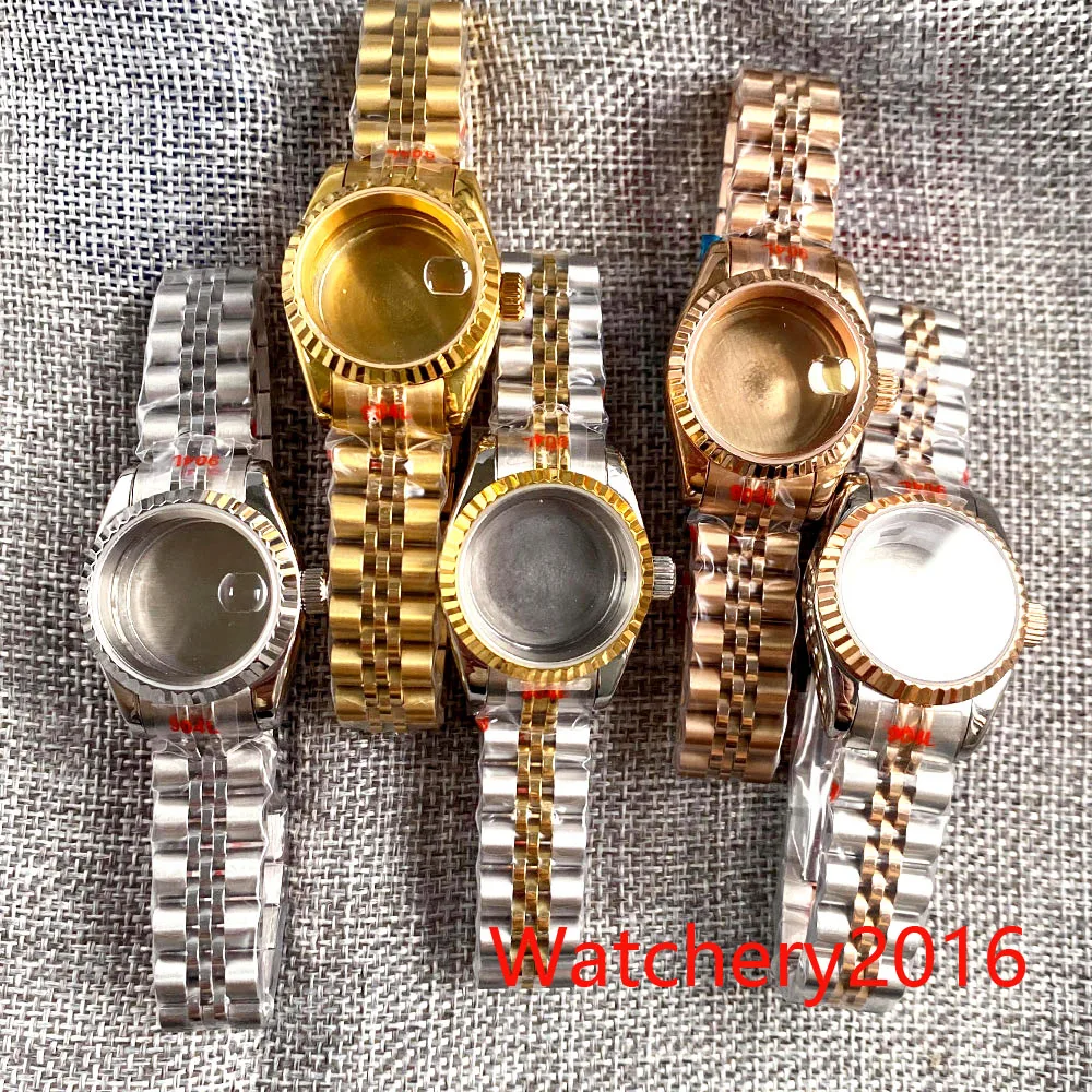 

26mm Rose Gold Plated Two Tone Coin Bezel Small Watch Case Sapphire Glass Fit NH05 NH06 Date Bracelet lady Watch