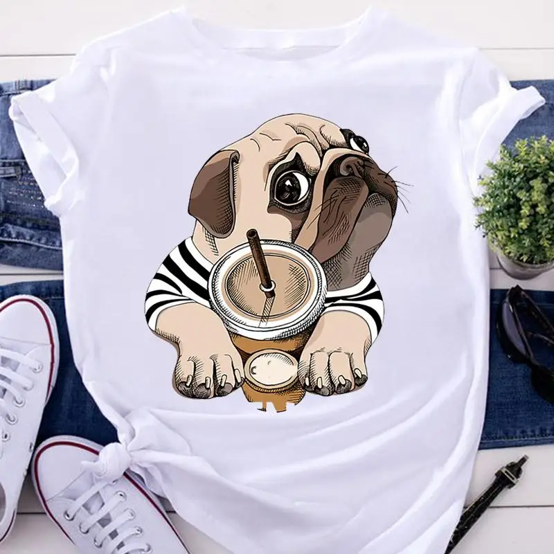 

Tees Ladies Dog Coffee Lovely Funny Short Sleeve Cartoon Summer Fashion Female Clothes Tshirts Tops Women Graphic T-Shirt
