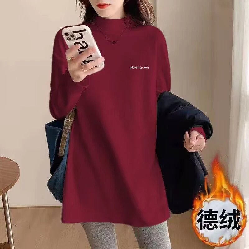 Red Half-high Collar Bottoming Shirt Women 2024 Autumn and Winter Clothing Thickened Warm High-Grade Hip Covering Long sleeve...