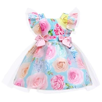 kids girls cute floral print bow dress ruffle sleeve square neck tulle layer a line dress for birthday party