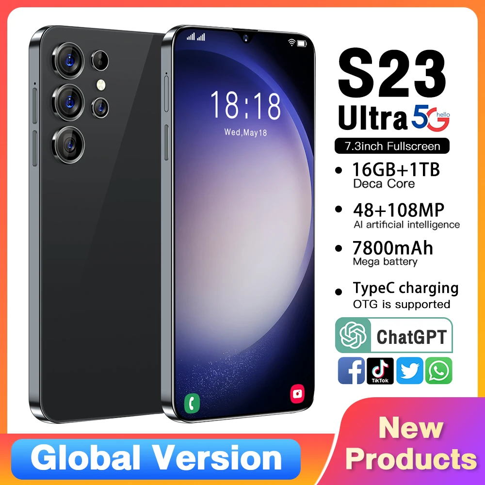 

S23 Ultra Original Smartphone 5g 7.3 Inch 16GB+1TB Global Version Sanpdragon 8 Gen 2 Mobile Cellphones On Sale And Free Shipping