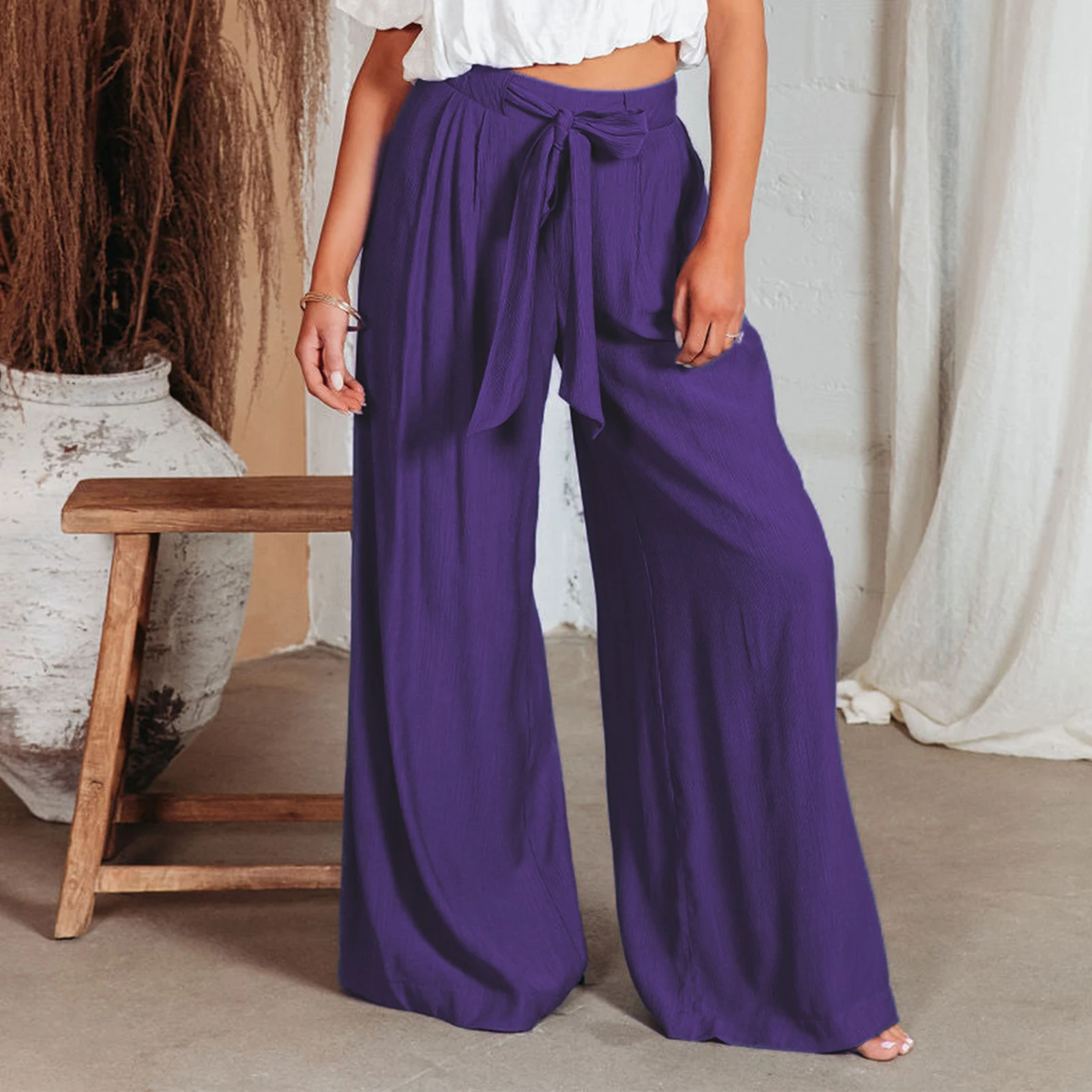 

Женские летние повседневные однотонные широкие кружевные брюки с высокой талией свободные пляжные офисные брюки винтажные модные длинные брюки