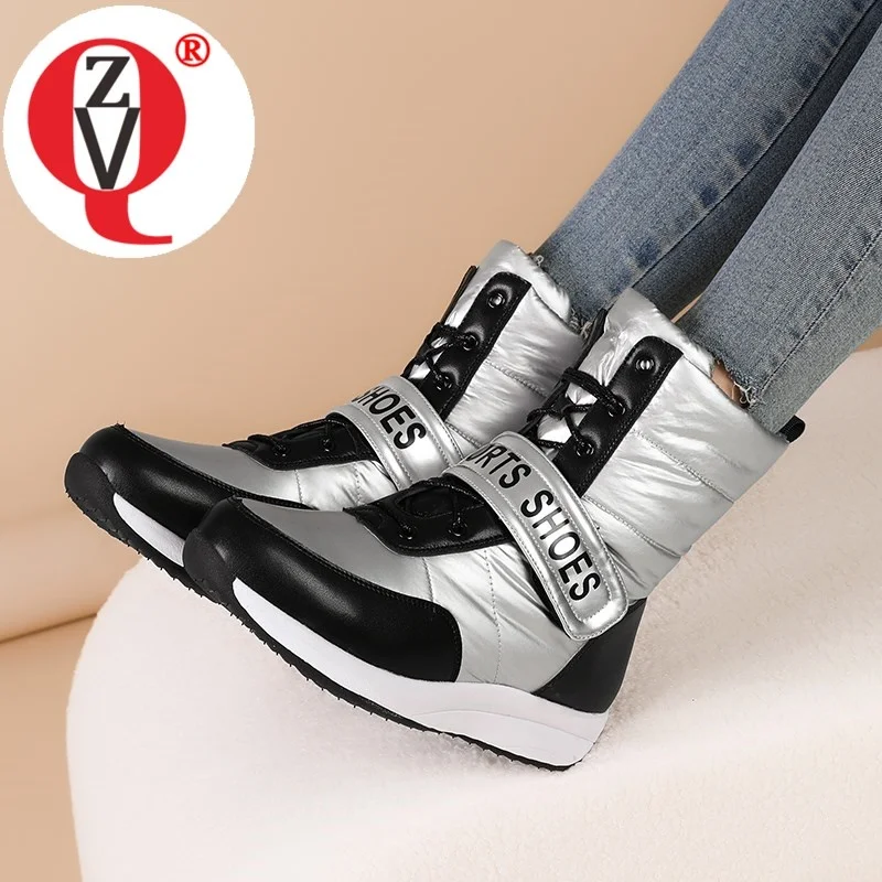 

ZVQ 2023 New Winter Style Fashion Snow Boots Round Toe Platform Wedges Leather And Micro Fiber Upper Cross Tied Booties