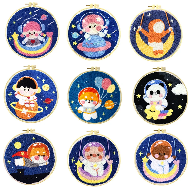 

Cartoon Space Travel Star Galaxy Poke Punch Kit Wool Yarn Embroidery Kit For Beginner DIY Kids Children Handmade Gift Wholesales