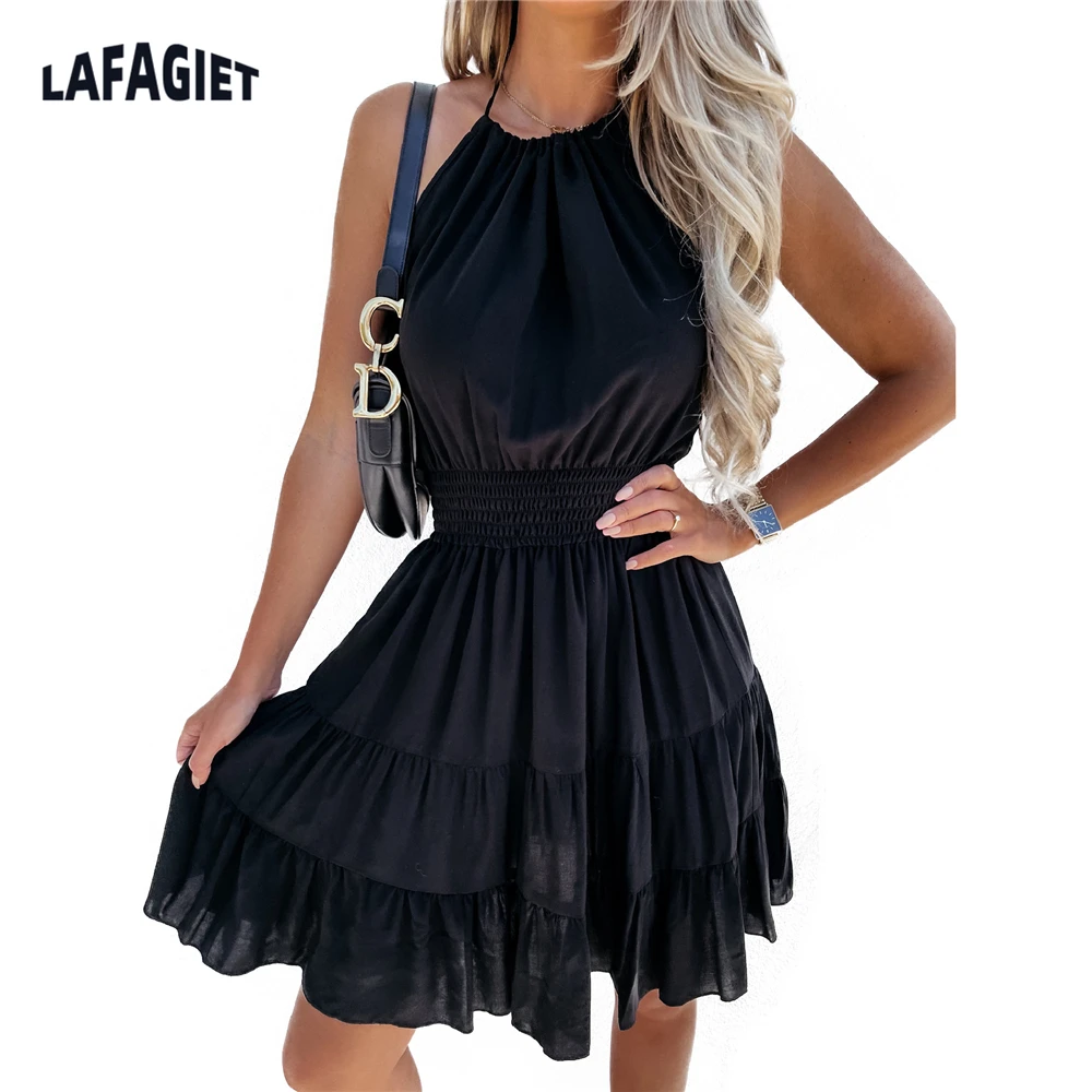 

2022 Summer Sexy Backless Mini Dress Women Solid Sleeveless Ladies Party Dress Halter Ruffles Elegant Street wear Dropshipping