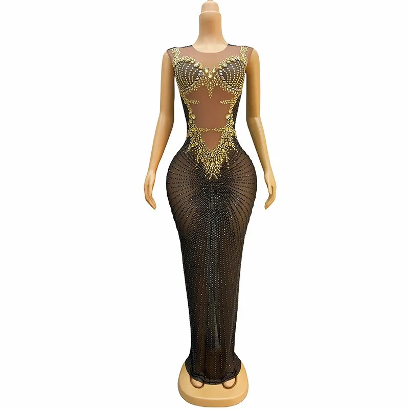 Блестящие роскошные эластичные сетчатые длинные платья макси со стразами
