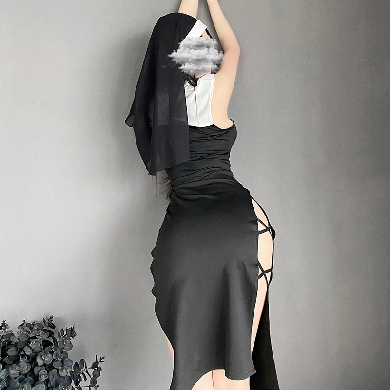 Женский сексуальный костюм монахини для косплея аниме черное платье горничной с