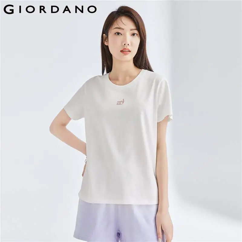

GIORDANO Women T-Shirts Cute Cat Embroidery 100% Cotton Fashion Tee Summer Short Sleeve Crewneck Relaxed Casual Tshirts 05323394