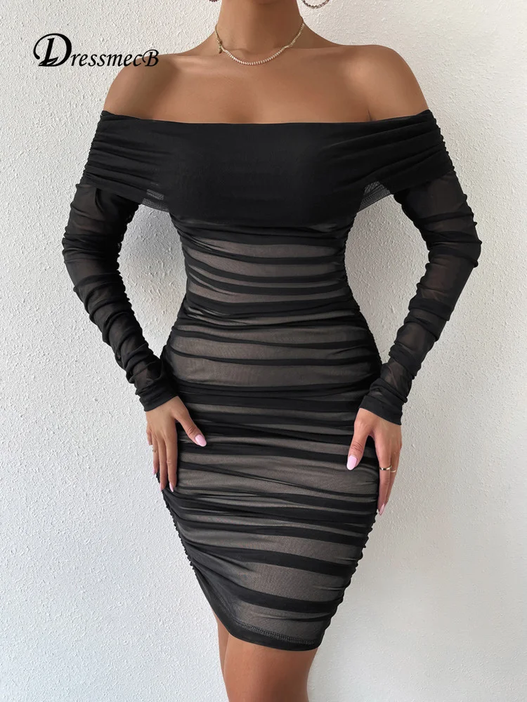 

Dressmecb Off Shoulder Mesh Party Dress Women Clothing Sexy Club Backless Ruched Bodycon Dresses Long Sleeves Autumn Vestidos