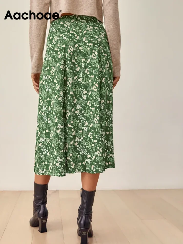 Юбка миди Женская трапециевидная с цветочным принтом разрезом завышенной талией