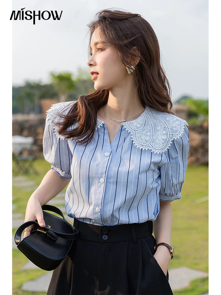 Блузка женская летняя в полоску с коротким рукавом и воротником Питер Пэн