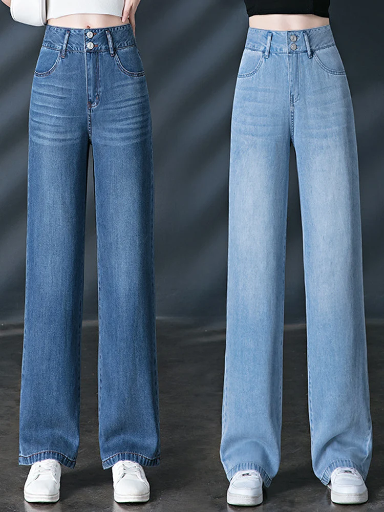 High Quality Tencel Jeans for Women 2023 Summer Thin High Waist Long Straight Leg Tall Crop Pants Small Long Pants Plus Size