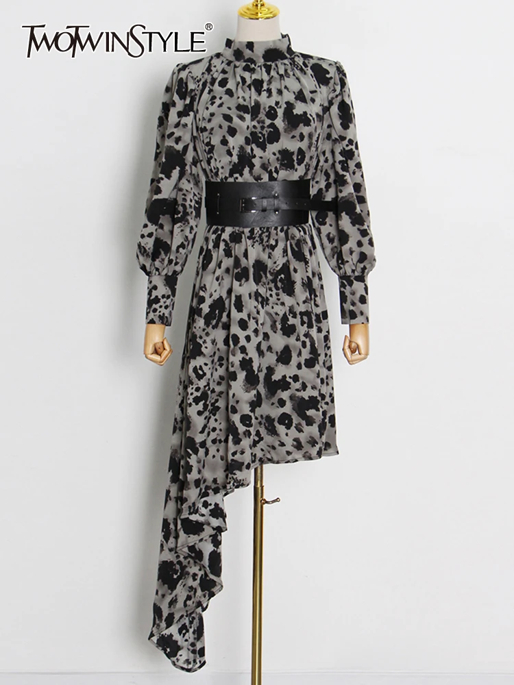 

TWOTWINSTYLE Asymmetrical Vintage Leopard Dress For Women O Neck Long Sleeves High Waist Sashes Dresses Female 2022 Spring New