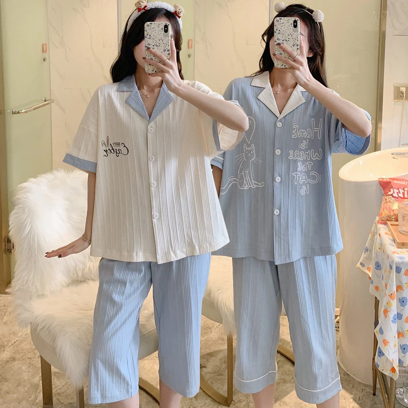 

2022 Summer Cotton Short Sleeve Calf Length Pajama Sets for Women Korean Loose Sleepwear Suit Homewear Pijama Mujer Home Clothes