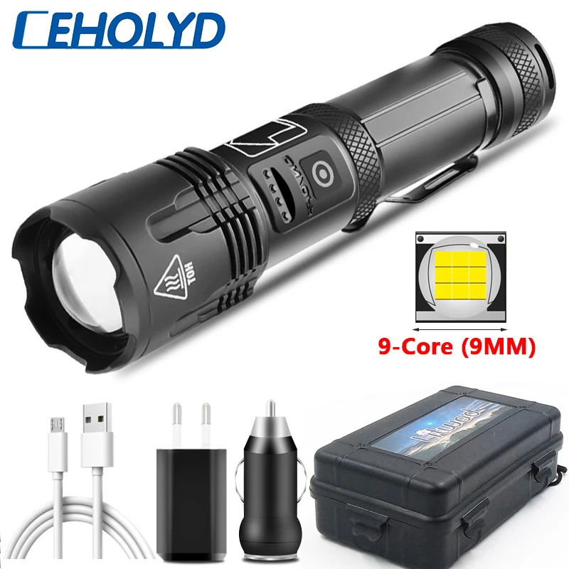 Super Bright XHP100 9-core Led Flashlight Usb Rechargeable 18650 or 26650 Battery Zoomable Power Bank Function Torch Lantern