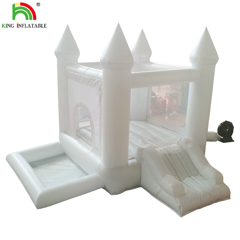 

9x9ft Mini Bounce House Commercial PVC Inflatable Bouncy Castle White Jumping Bouncer With Ball Pit Slide Blower For Kids Party