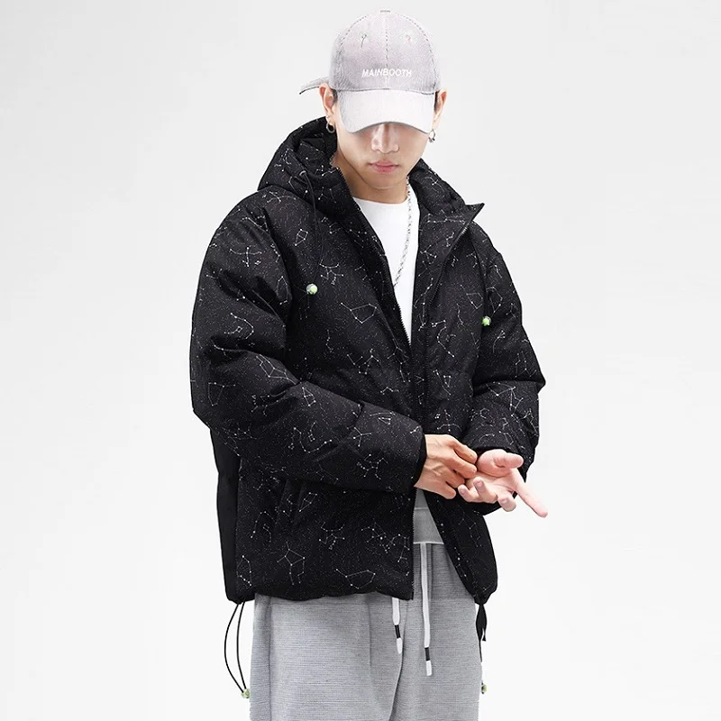 Men's Fashion Starry Sky Print Hooded Jacket Thicken Loose Cotton Jacket Korean Clothes Mens Winter Jackets and Coats