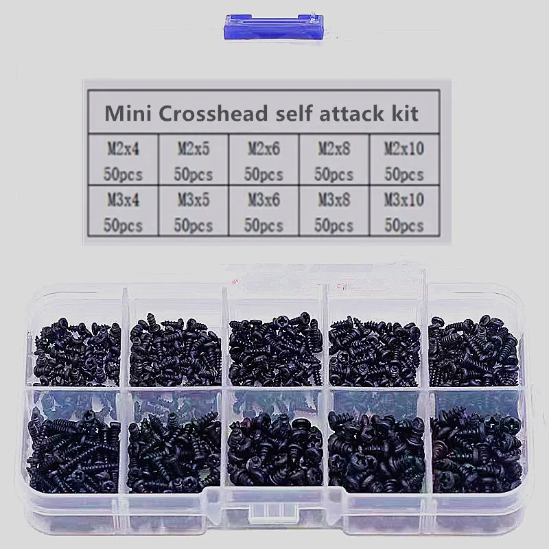 500-1000 шт. M1 M1.2 M1.5 M1.7 M2 M2.5 M3 микс-Сковорода с крестообразной головкой микро-винты круглая цилиндрическая головка саморезы по дереву набор винтов коробка