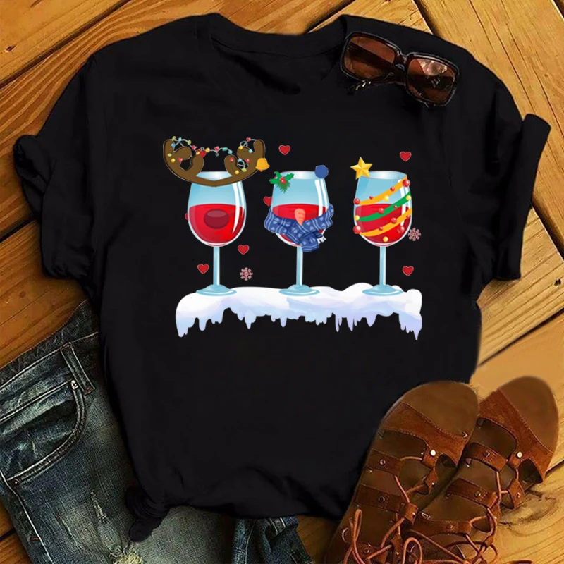 

Lovely Cartoon Deer Wine Glasses Print T Shirt Women Fashion T Shirt Female Cute Graphic Tee Shirts Christmas Tops Xmas T-shirts